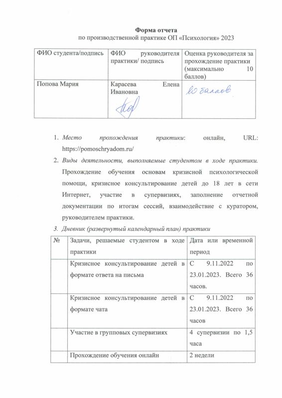 Отчёт по производственной практике: кризисное консультирование детей — Мария Попова